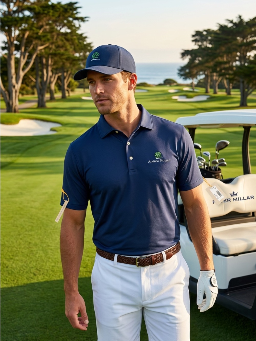 NWT Peter Millar Summer Comfort Polo XL Golf Performance Blue Andrew Morgan Logo